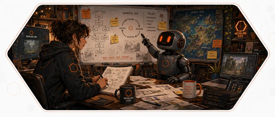 Illustration of a developer and a friendly robot working through a whiteboard game plan together, surrounded by monitors and coffee