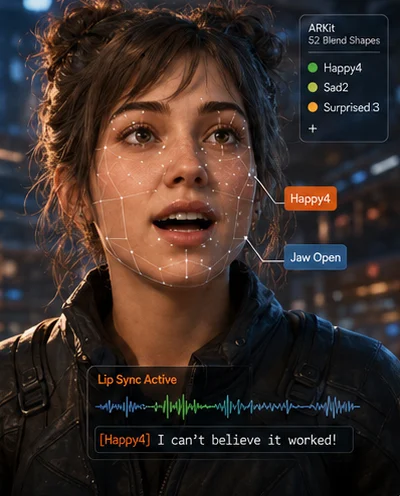 Concept art: a game character with a facial tracking mesh, an active lip sync waveform, and the dialogue line [Happy4] I can't believe it worked!