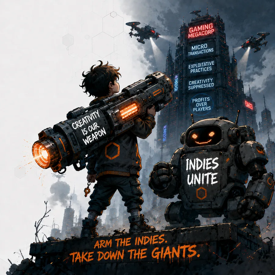 Illustrated indie hero with a bazooka reading Creativity Is Our Weapon and a battle-worn robot marked Indies Unite facing the Gaming Megacorp tower, captioned Arm the indies, take down the giants