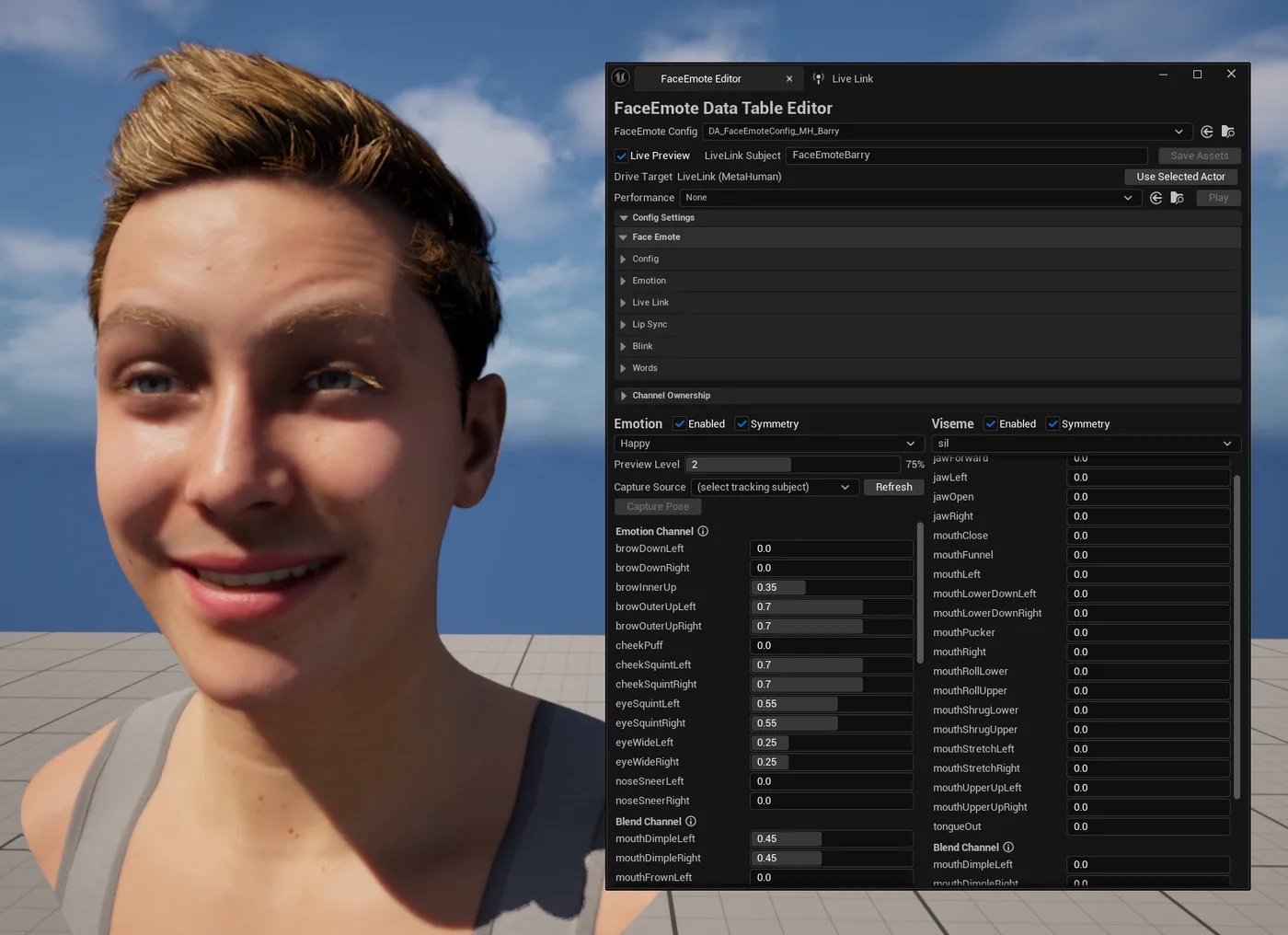 FaceEmote Data Table Editor in Unreal Engine
